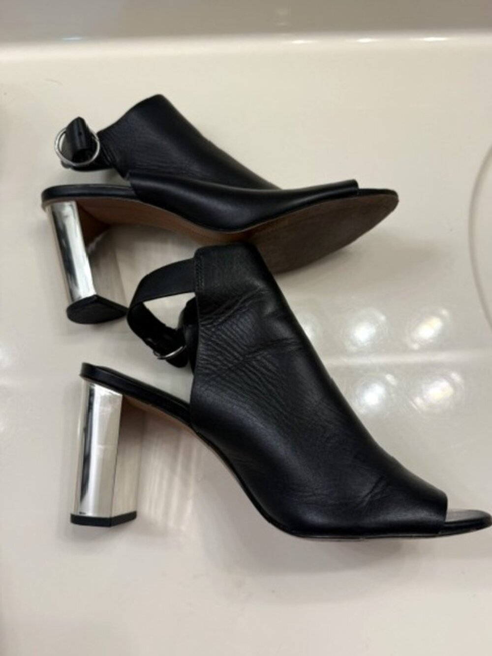 Banana Republic Women's Black Leather shoes with silver block heel 8 peep bootie